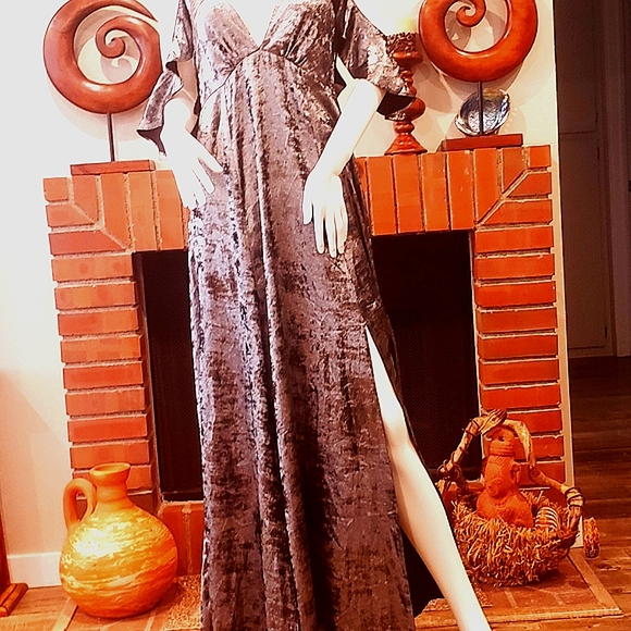 TOP SHOP Crushed Pewter Velvet LG. C/S Slit Dress-8-New - Picture 4 of 13